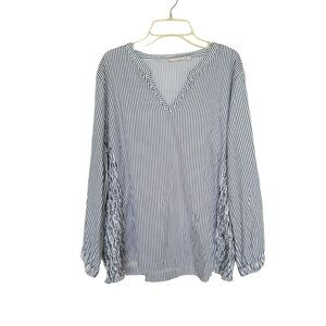 Soft Surroundings Striped V-Neck Blouse Smocked Sides Blue White
